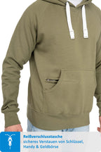 Herren Pullover mit Kapuze und Reißverschlussfach in Olivgrün