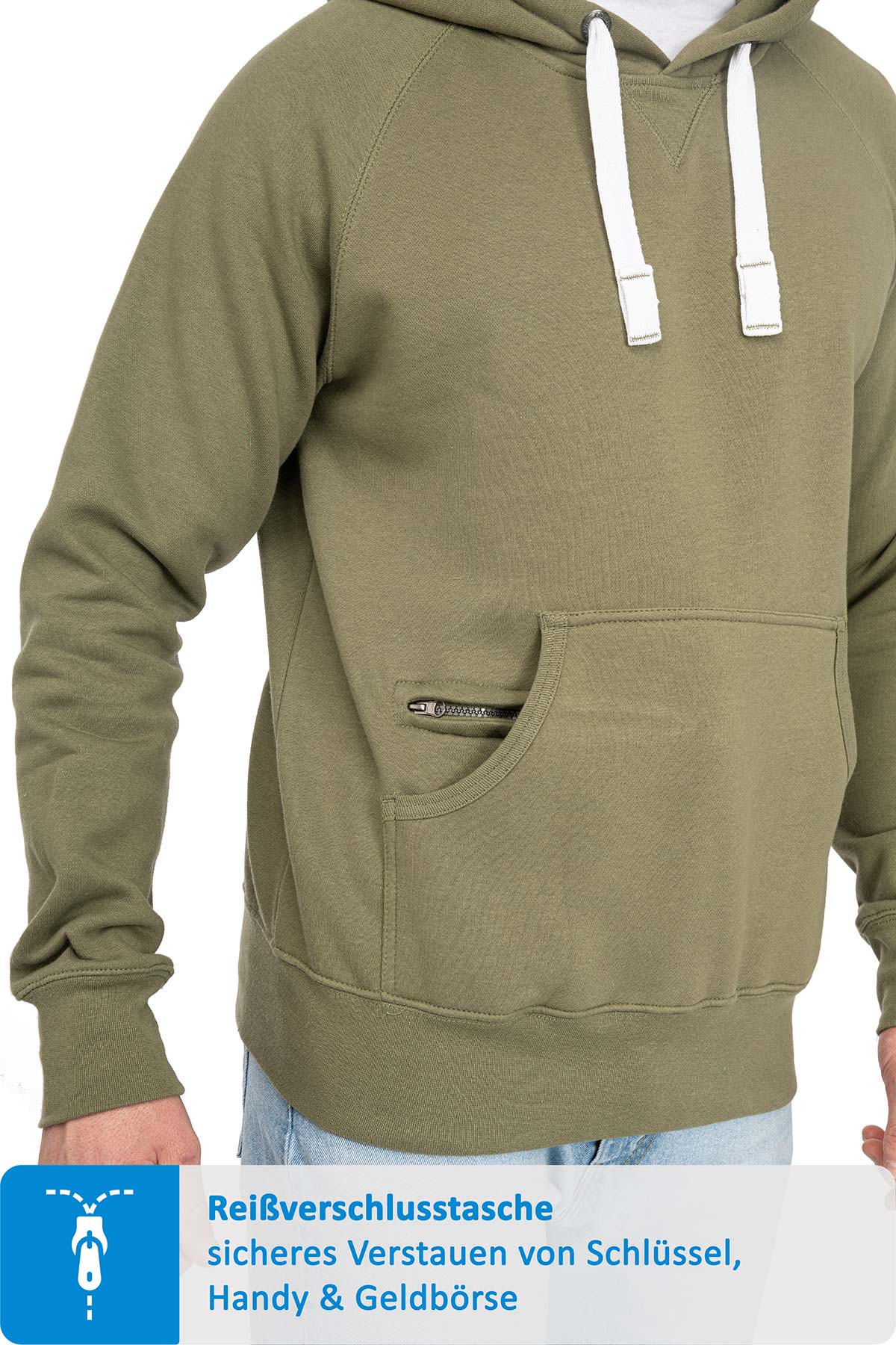 Herren Pullover mit Kapuze und Reißverschlussfach in Olivgrün