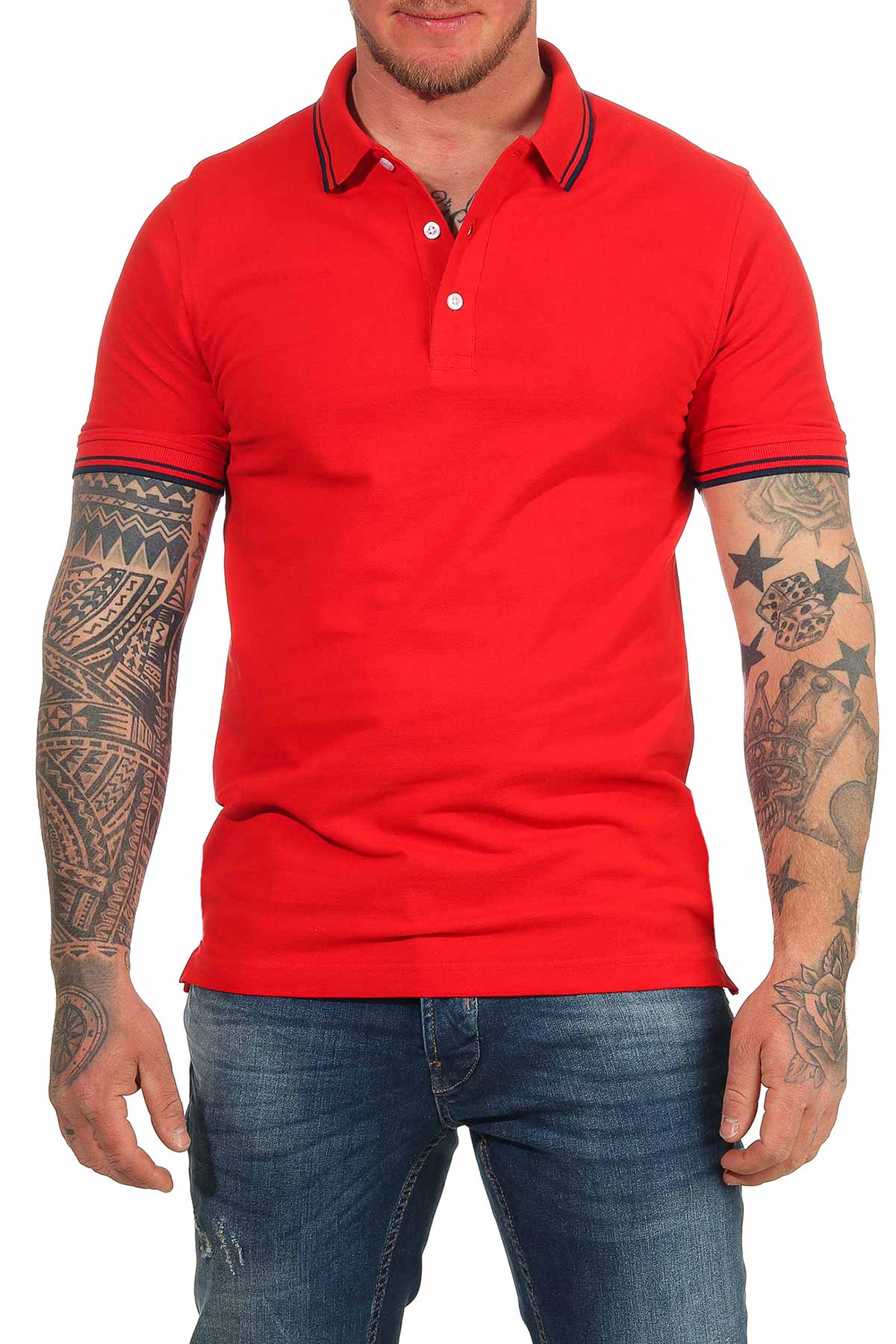 Rotes Herren Poloshirt mit farbiges Akzenten