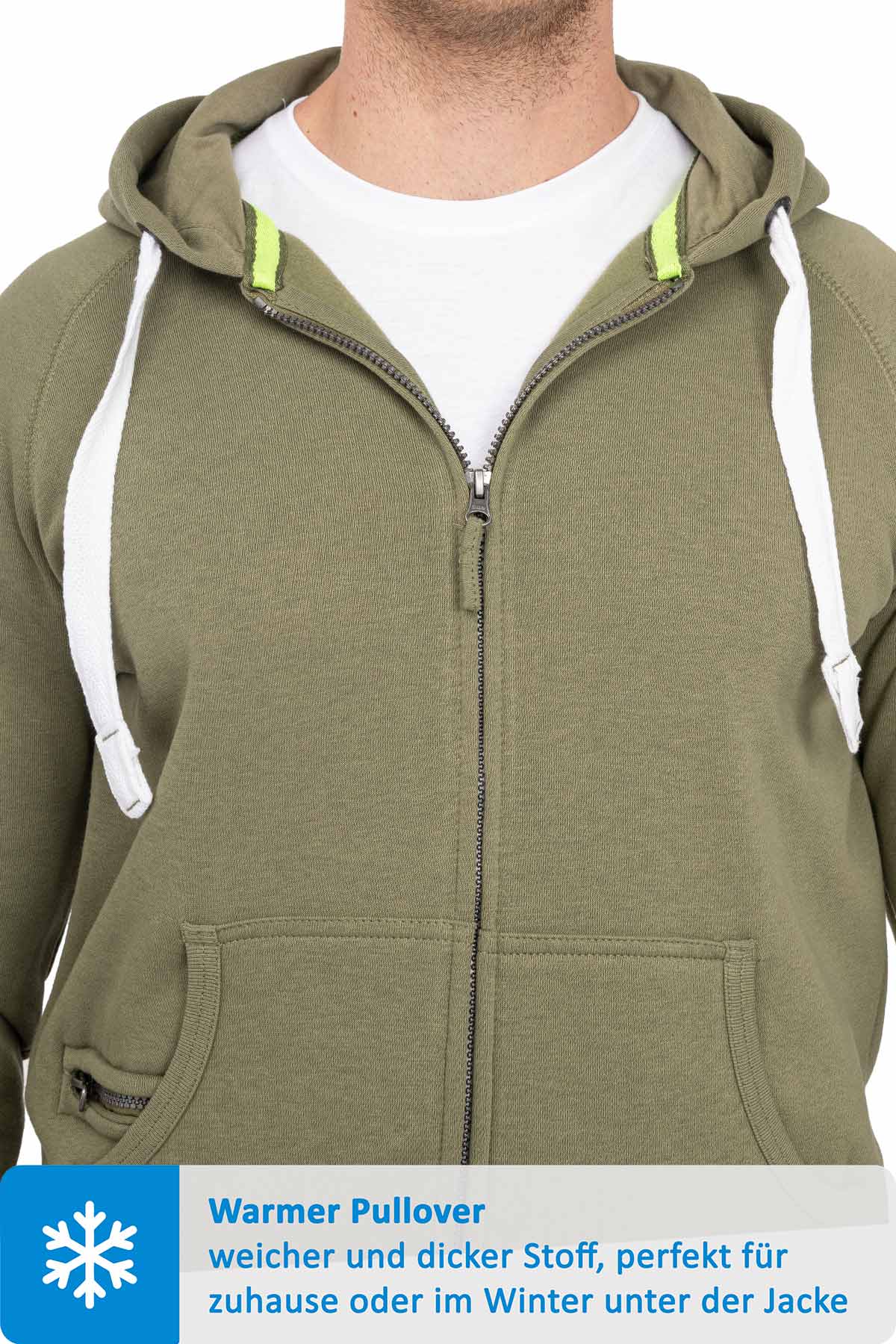 Sweatjacke für Männer mit dicken Bändeln in Olivgrün