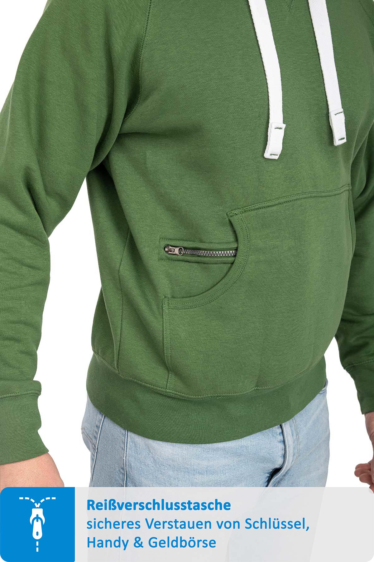 Herren Pullover mit Kapuze und Reißverschlussfach in Grasgrün