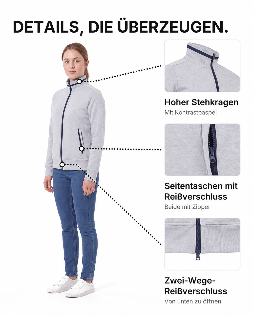 Damen Sweatjacke ohne Kapuze Melbourne