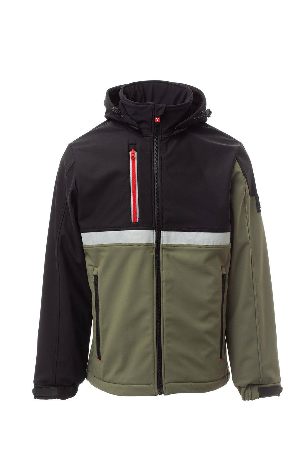 Herren Softshelljacke mit Reißverschlusstaschen und Kapuze in Olivgrün