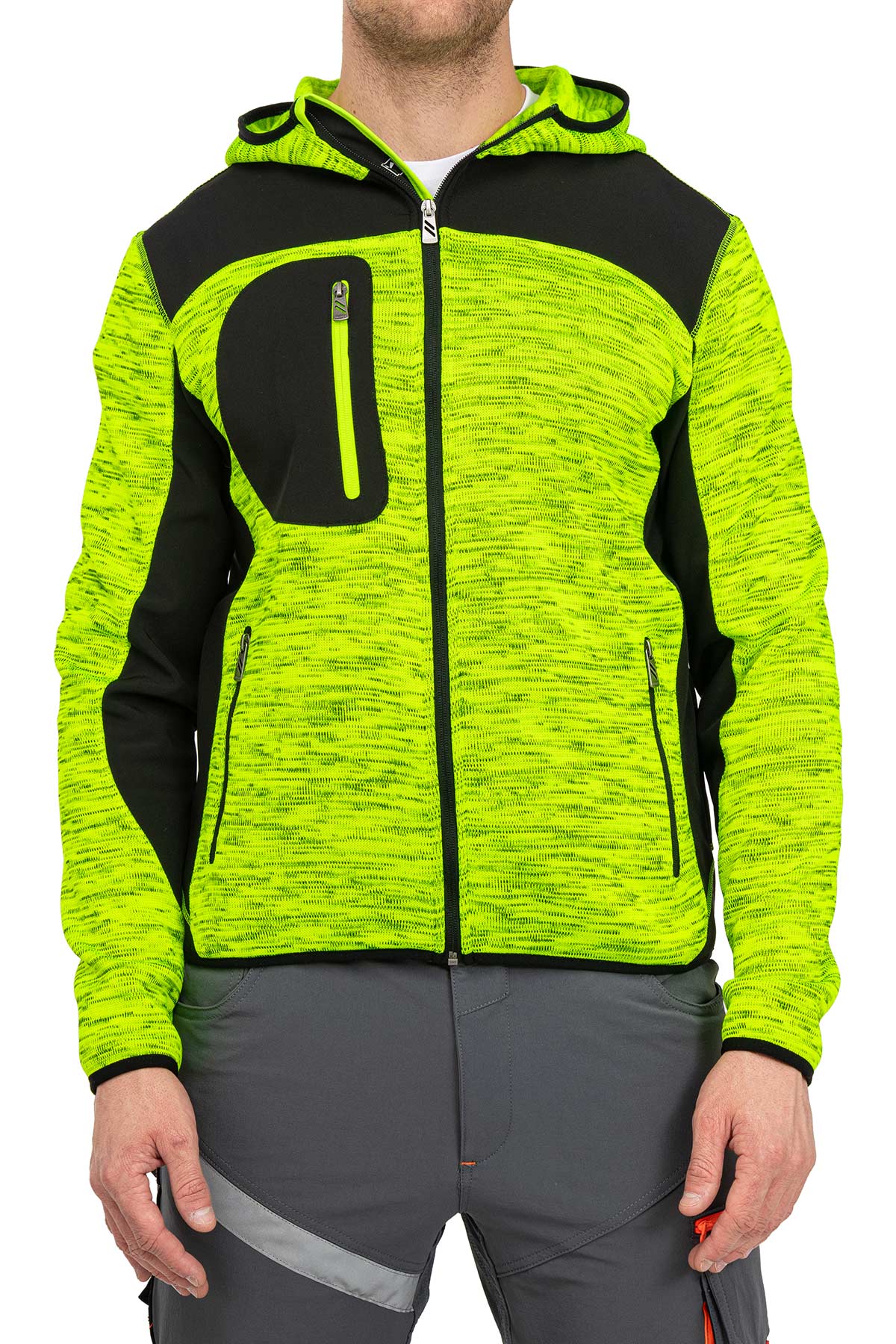 Herren Arbeitsjacke aus Strick mit Softshelleinsätzen in Gelb