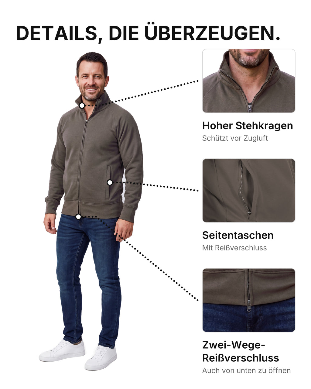 Herren Sweatjacke ohne Kapuze mit Stehkragen Panama