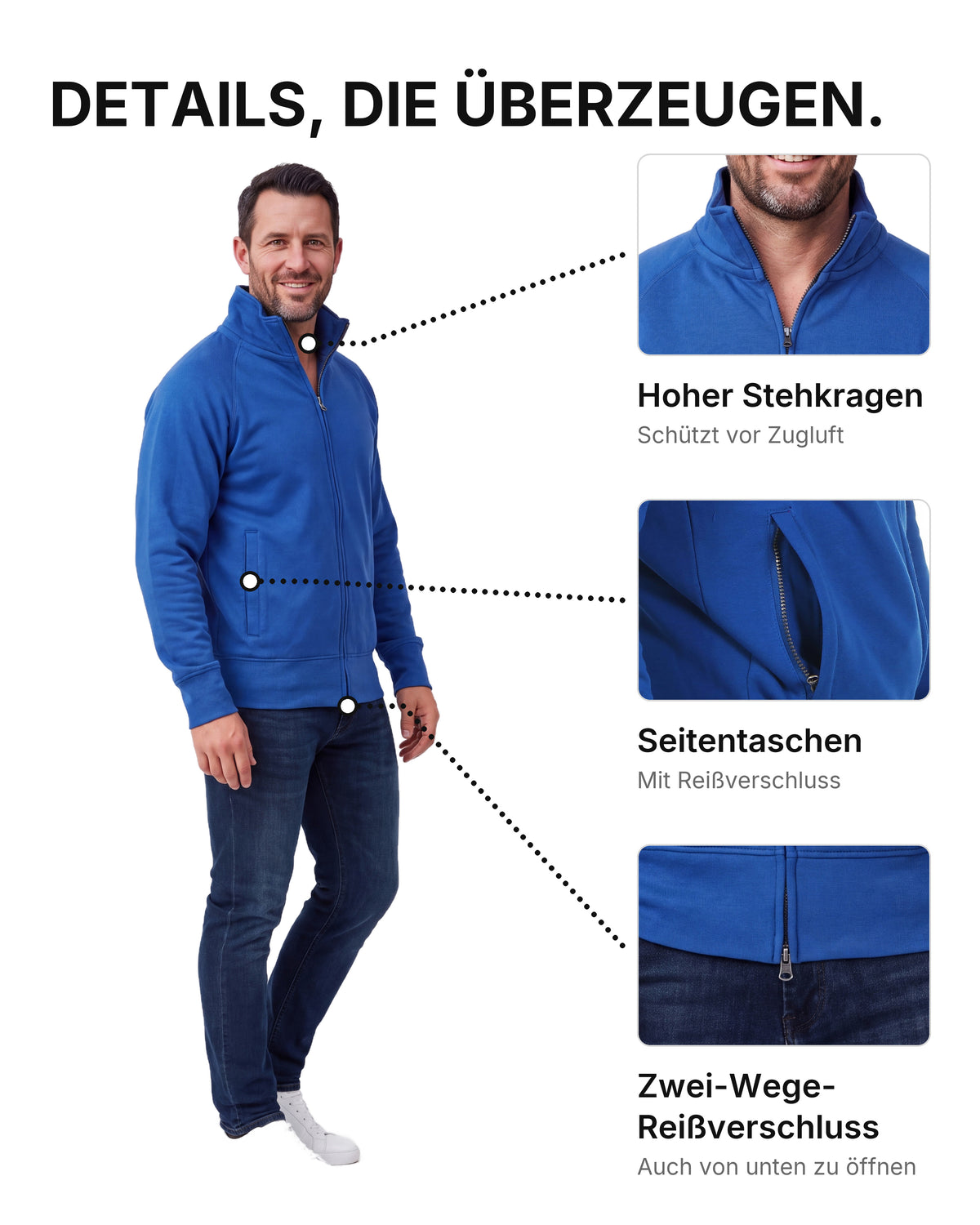 Herren Sweatjacke ohne Kapuze mit Stehkragen Panama