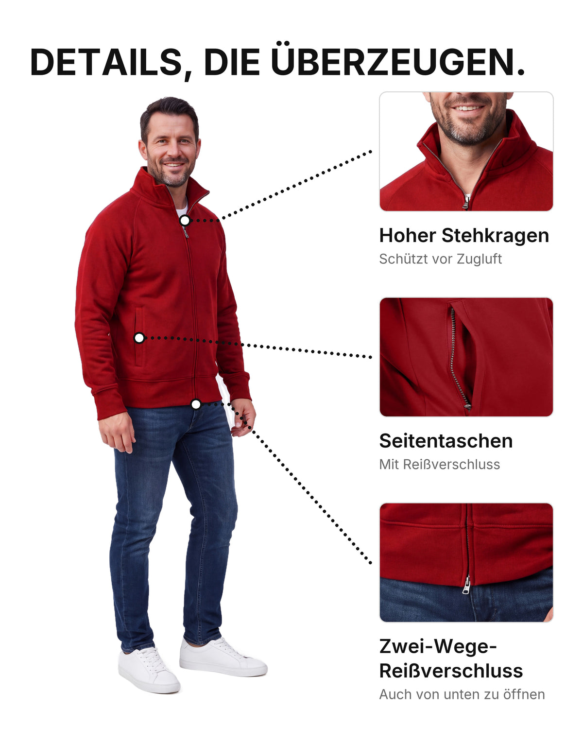 Herren Sweatjacke ohne Kapuze mit Stehkragen Panama