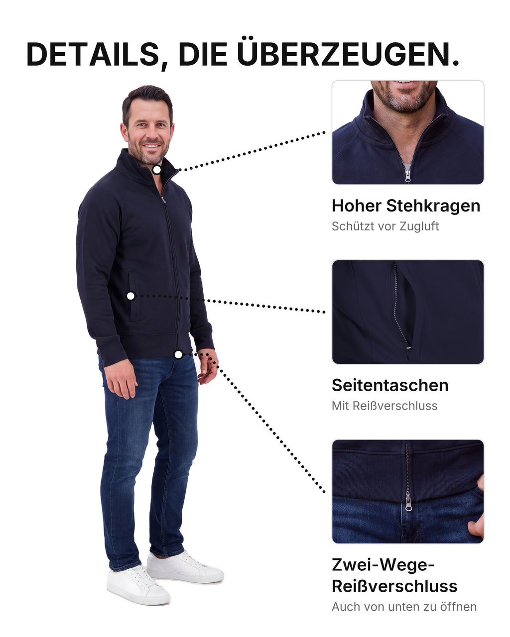 Herren Sweatjacke ohne Kapuze mit Stehkragen Panama
