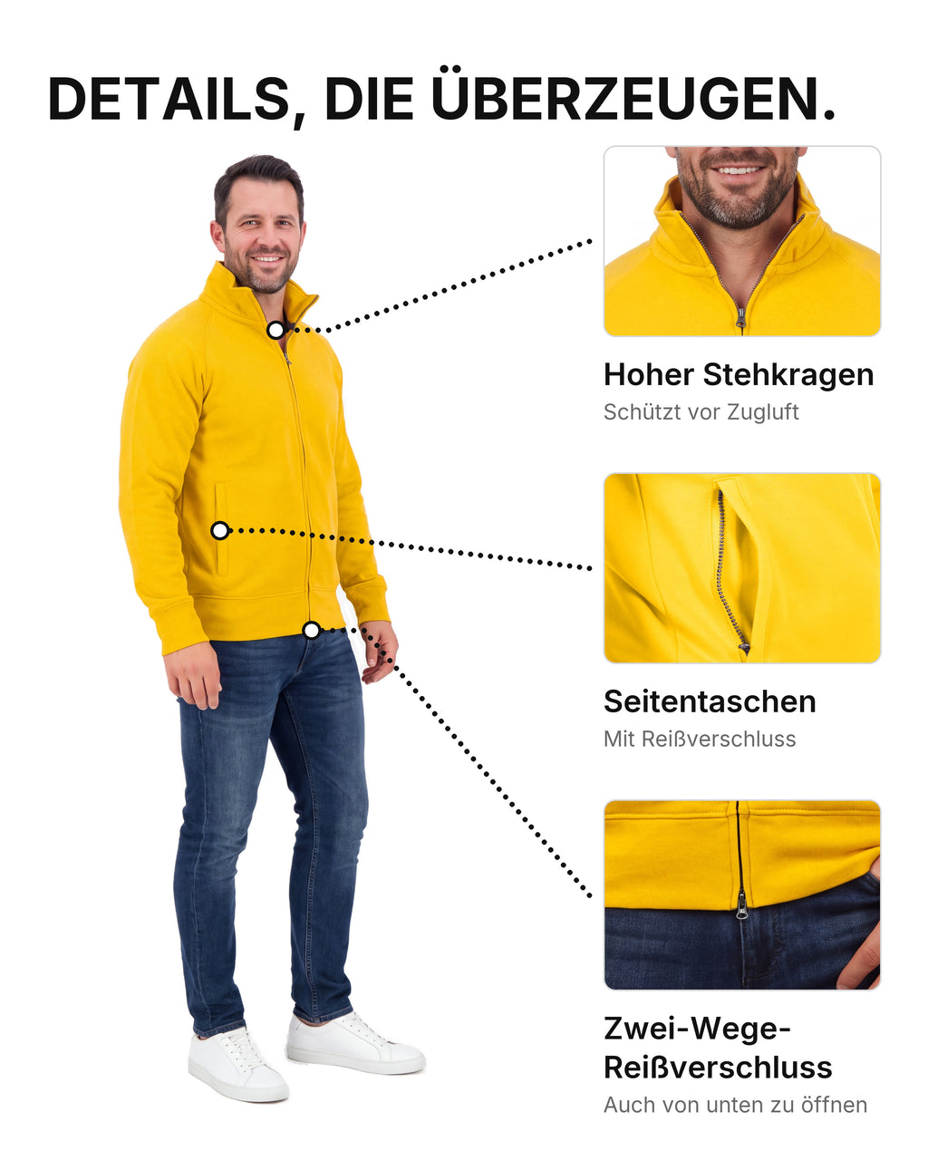 Herren Sweatjacke ohne Kapuze mit Stehkragen Panama