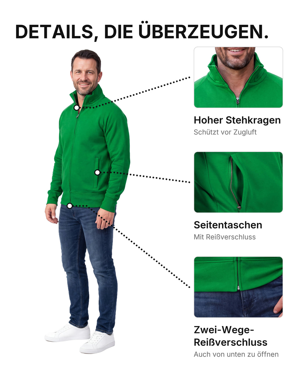 Herren Sweatjacke ohne Kapuze mit Stehkragen Panama