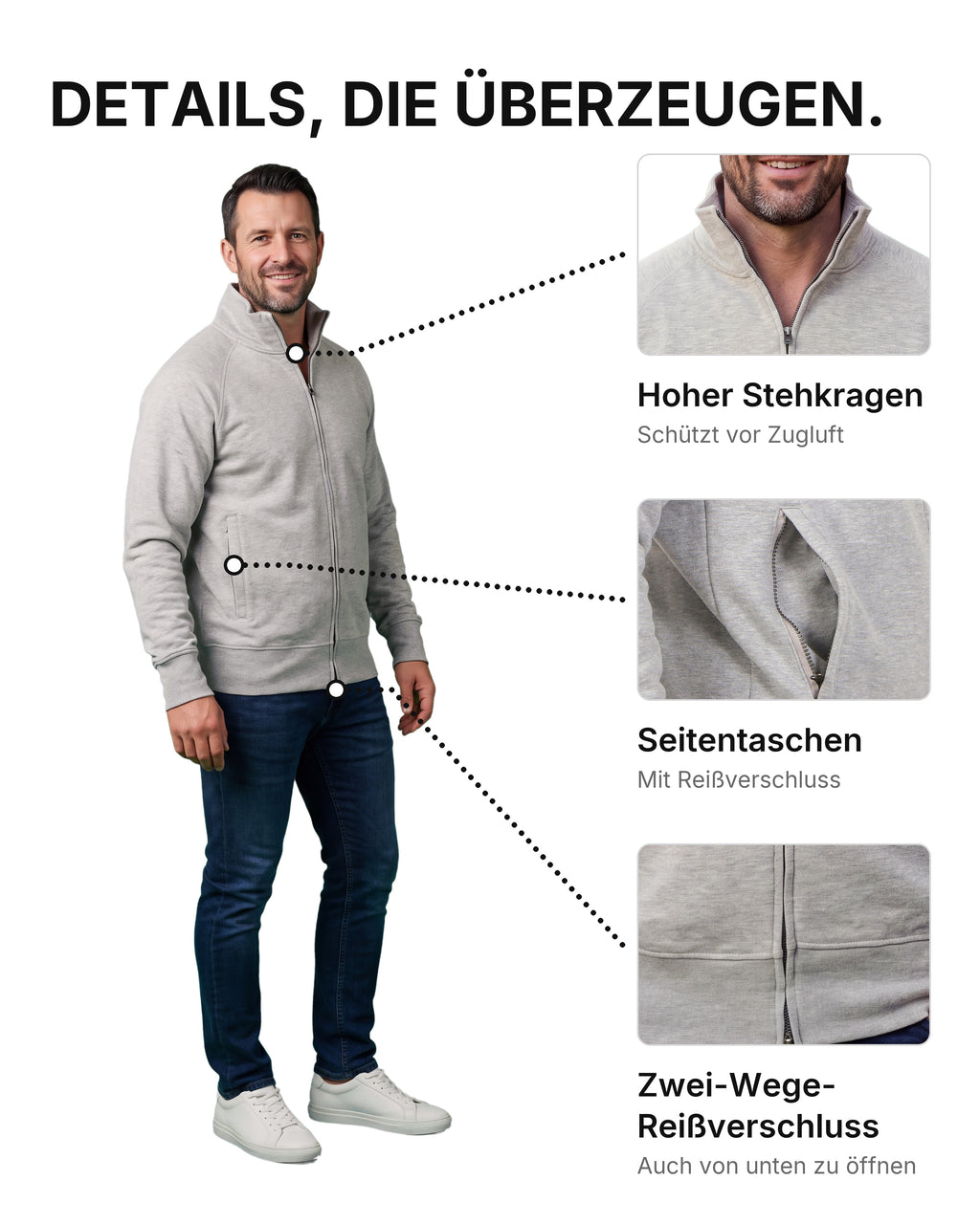 Herren Sweatjacke ohne Kapuze mit Stehkragen Panama
