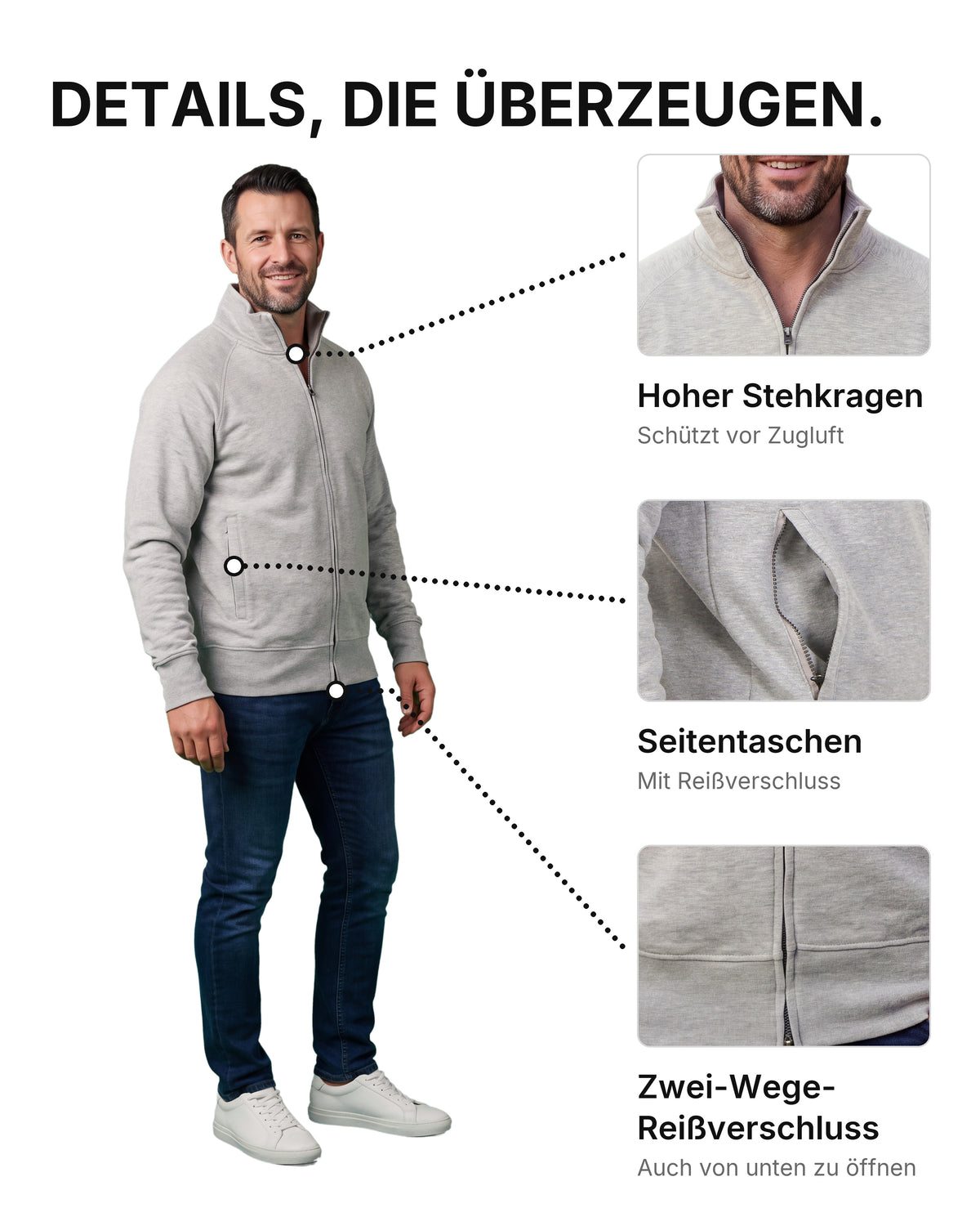 Herren Sweatjacke ohne Kapuze mit Stehkragen Panama