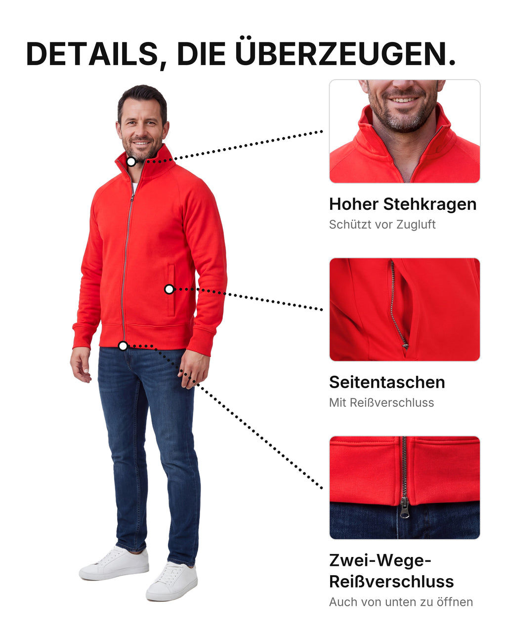 Herren Sweatjacke ohne Kapuze mit Stehkragen Panama