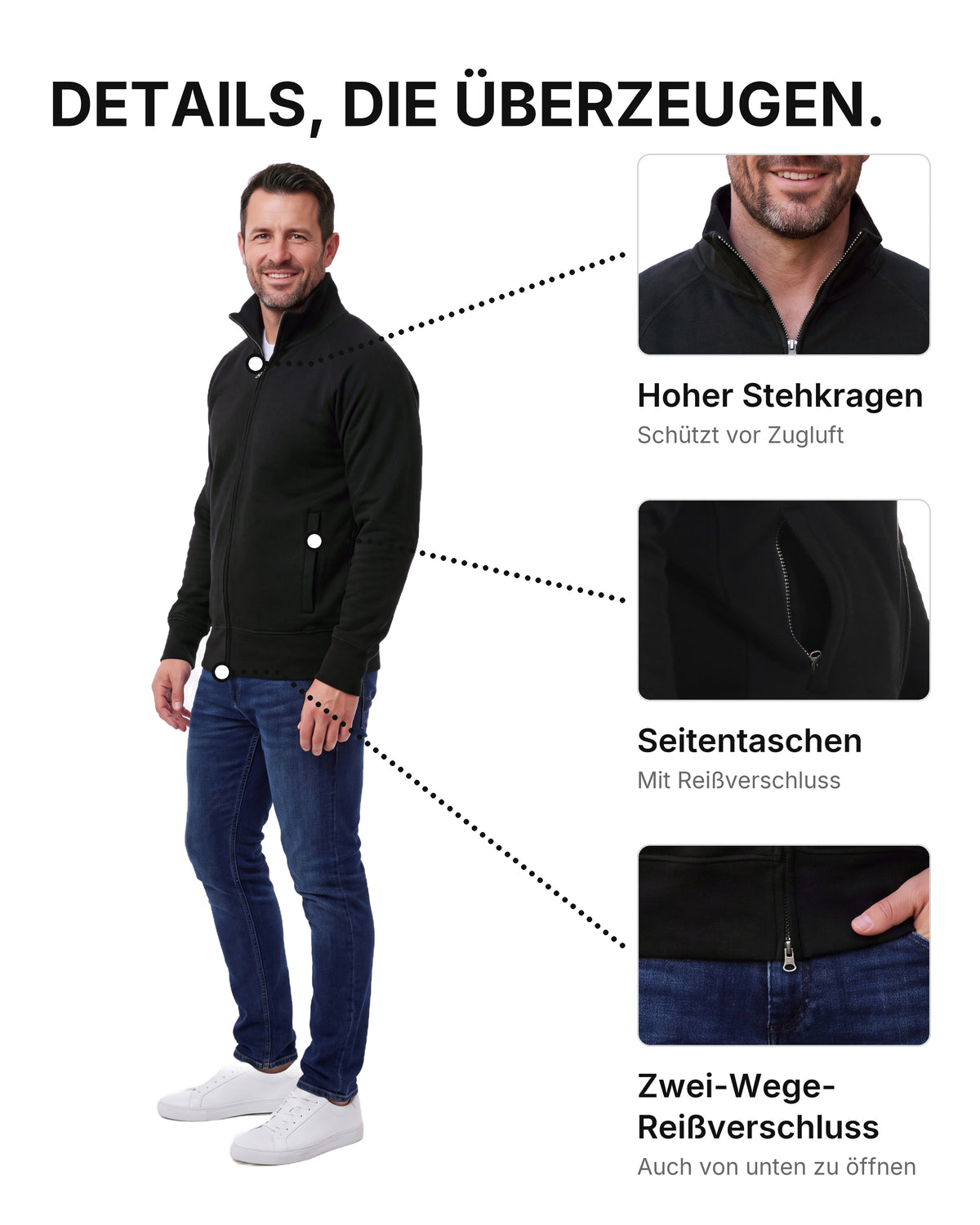 Herren Sweatjacke ohne Kapuze mit Stehkragen Panama