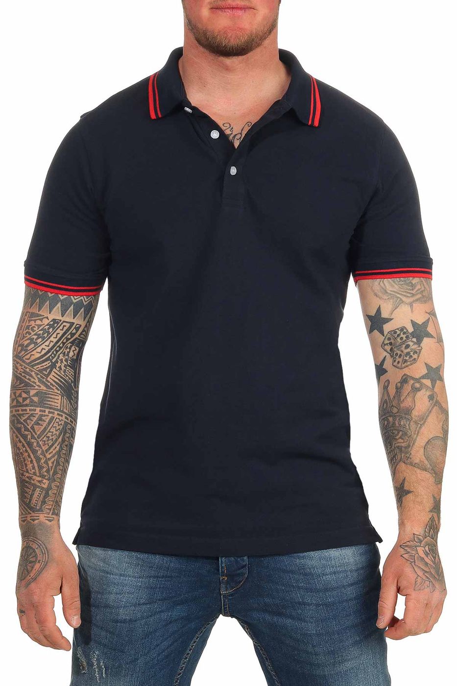 Dunkelblaues Herren Poloshirt mit farbiges Akzenten in Rot