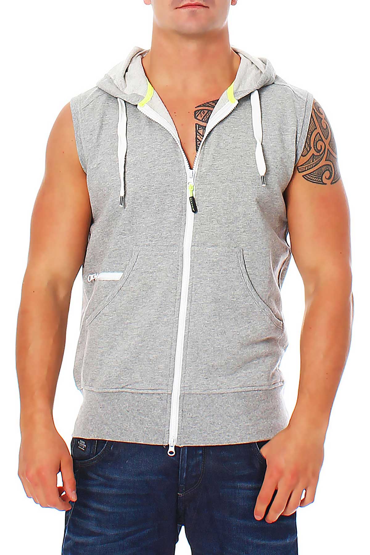 Hoodie ohne Ärmel für Gym und Sport in Grau meliert