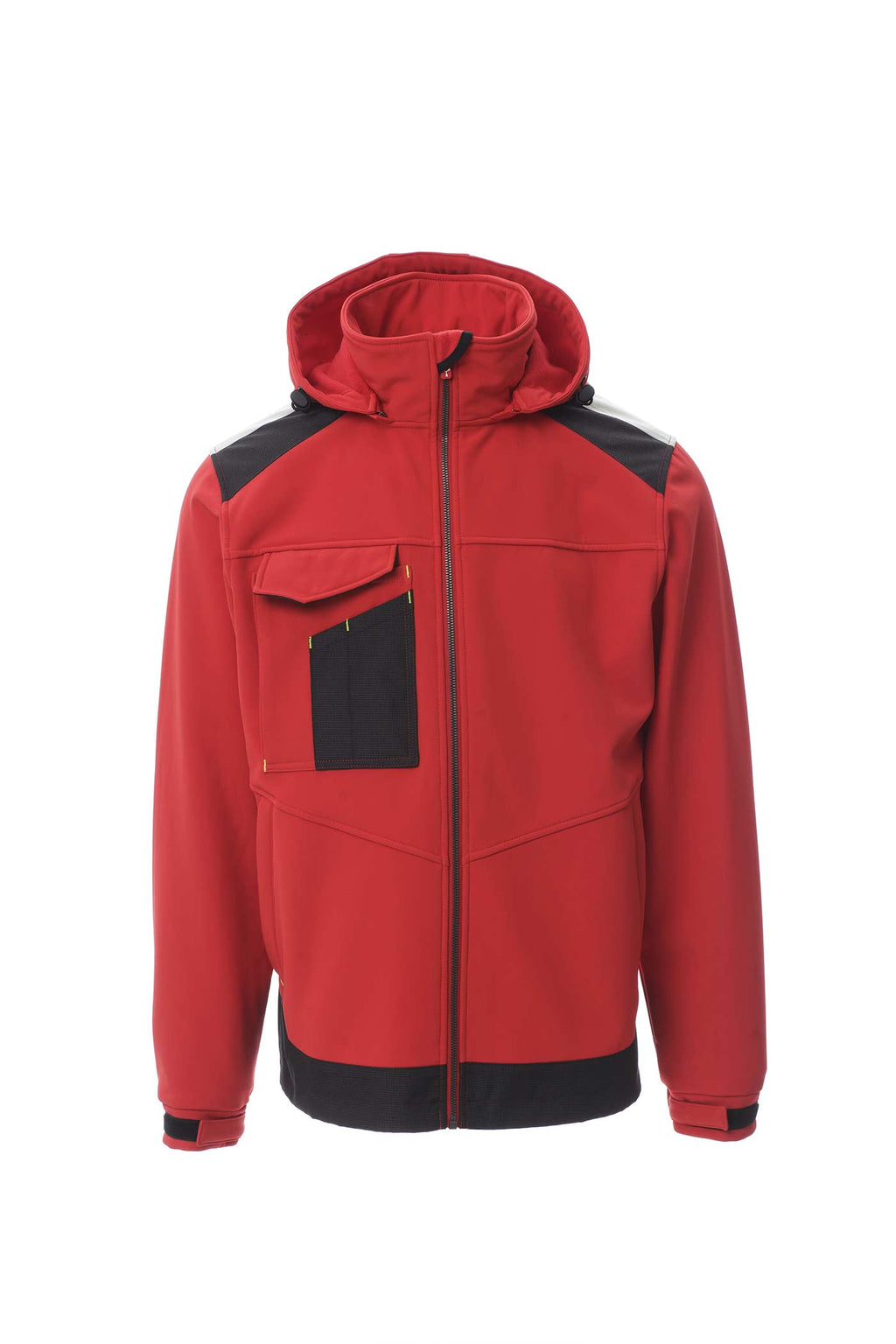 Herren Arbeitsjack Softshell mit vielen Taschen und Kapuze in Rot