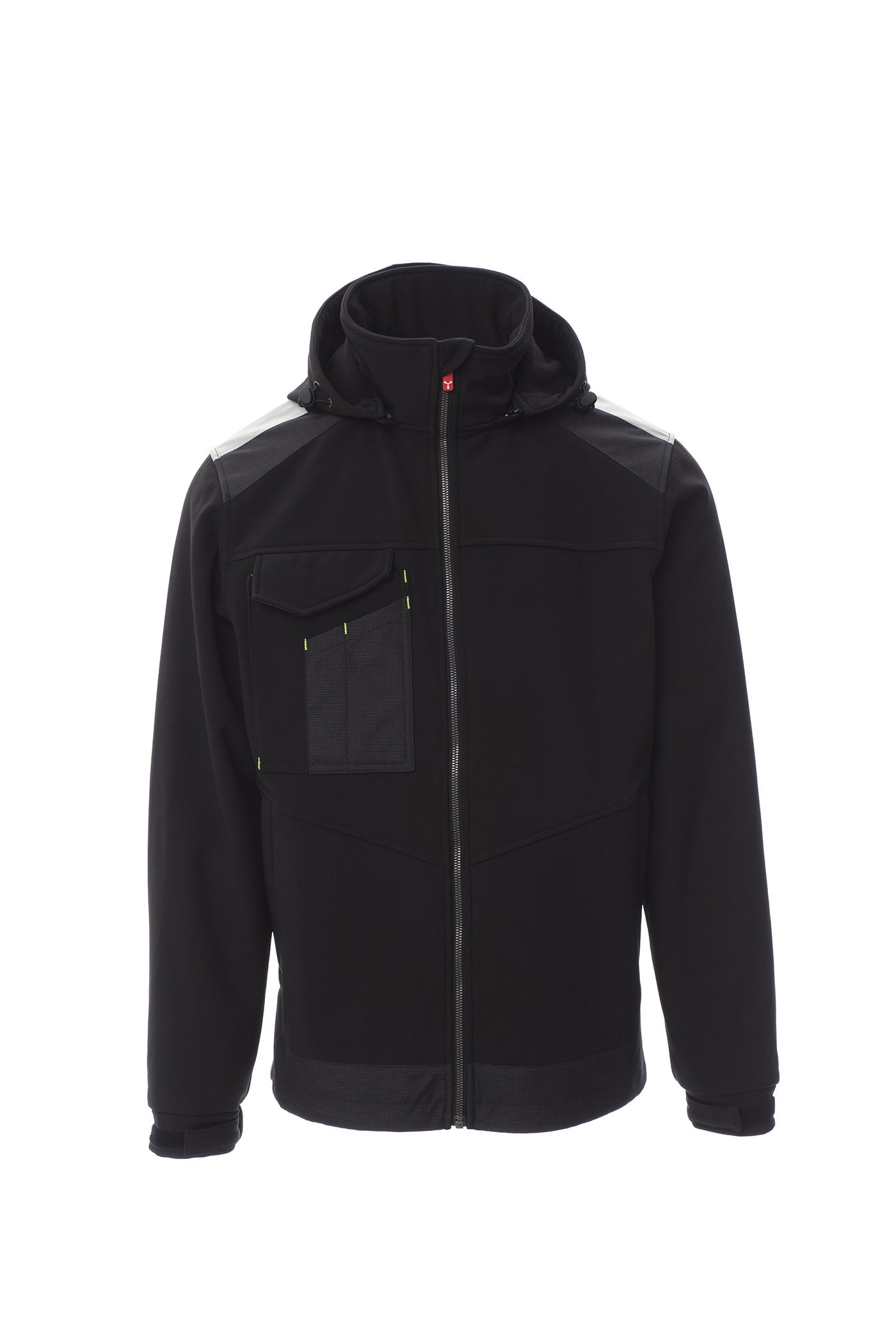 Herren Arbeitsjack Softshell mit vielen Taschen und Kapuze in Schwarz