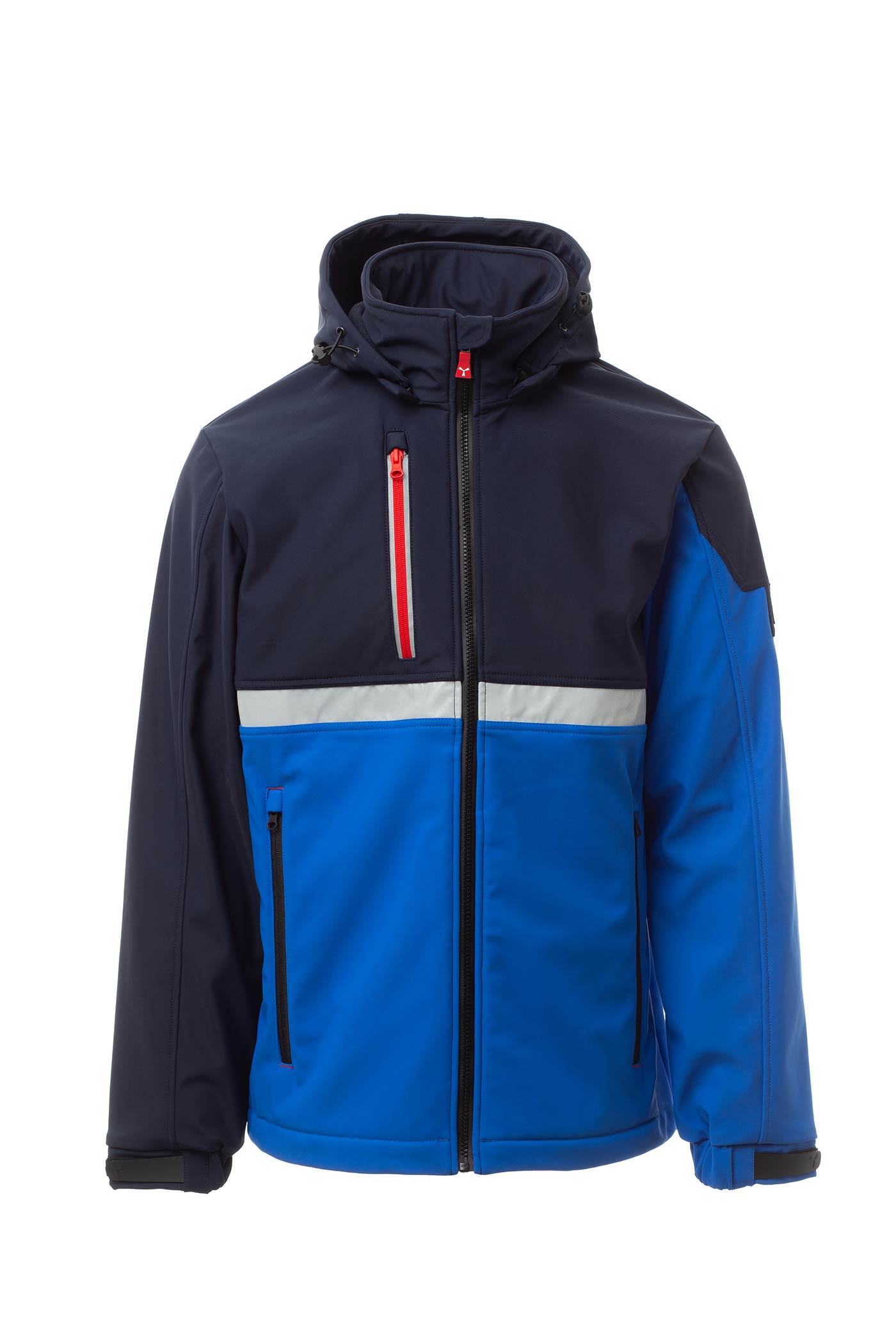 Herren Softshelljacke mit Reißverschlusstaschen und Kapuze in Blau