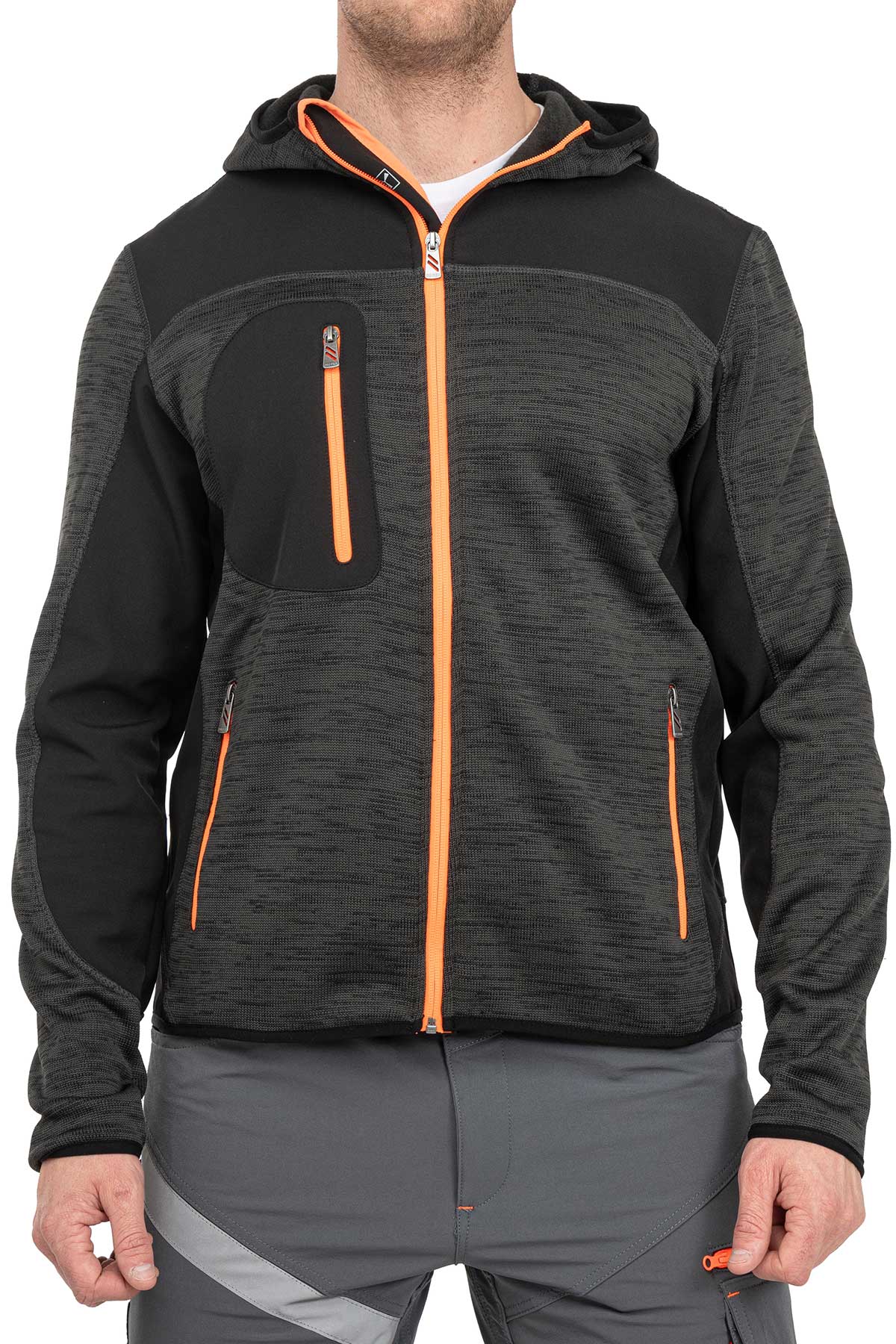 Herren Arbeitsjacke aus Strick mit Softshelleinsätzen in Anthrazit