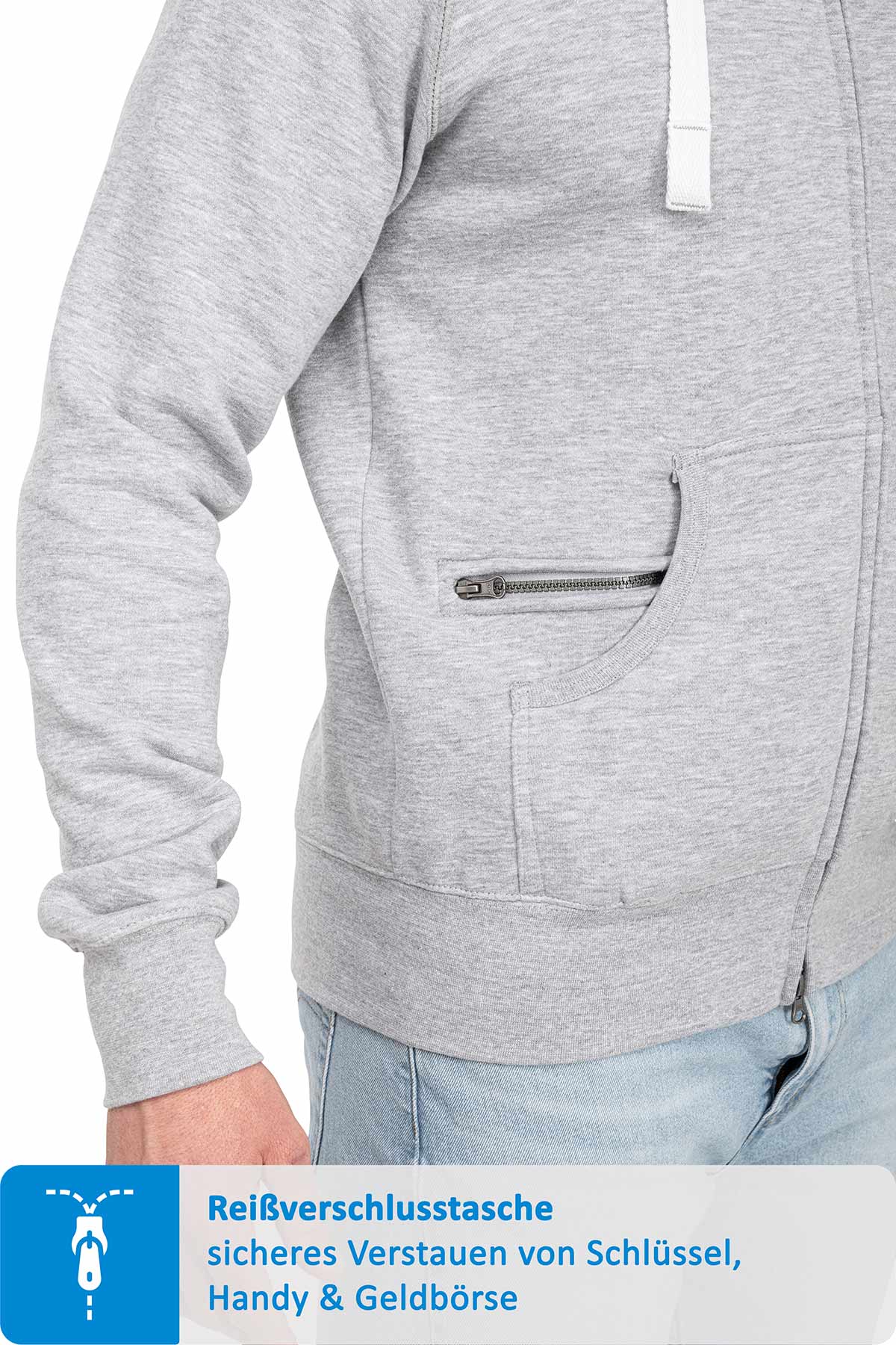 Seitentasche mit zusätzlichen Reißverschlussfach in Grau meliert
