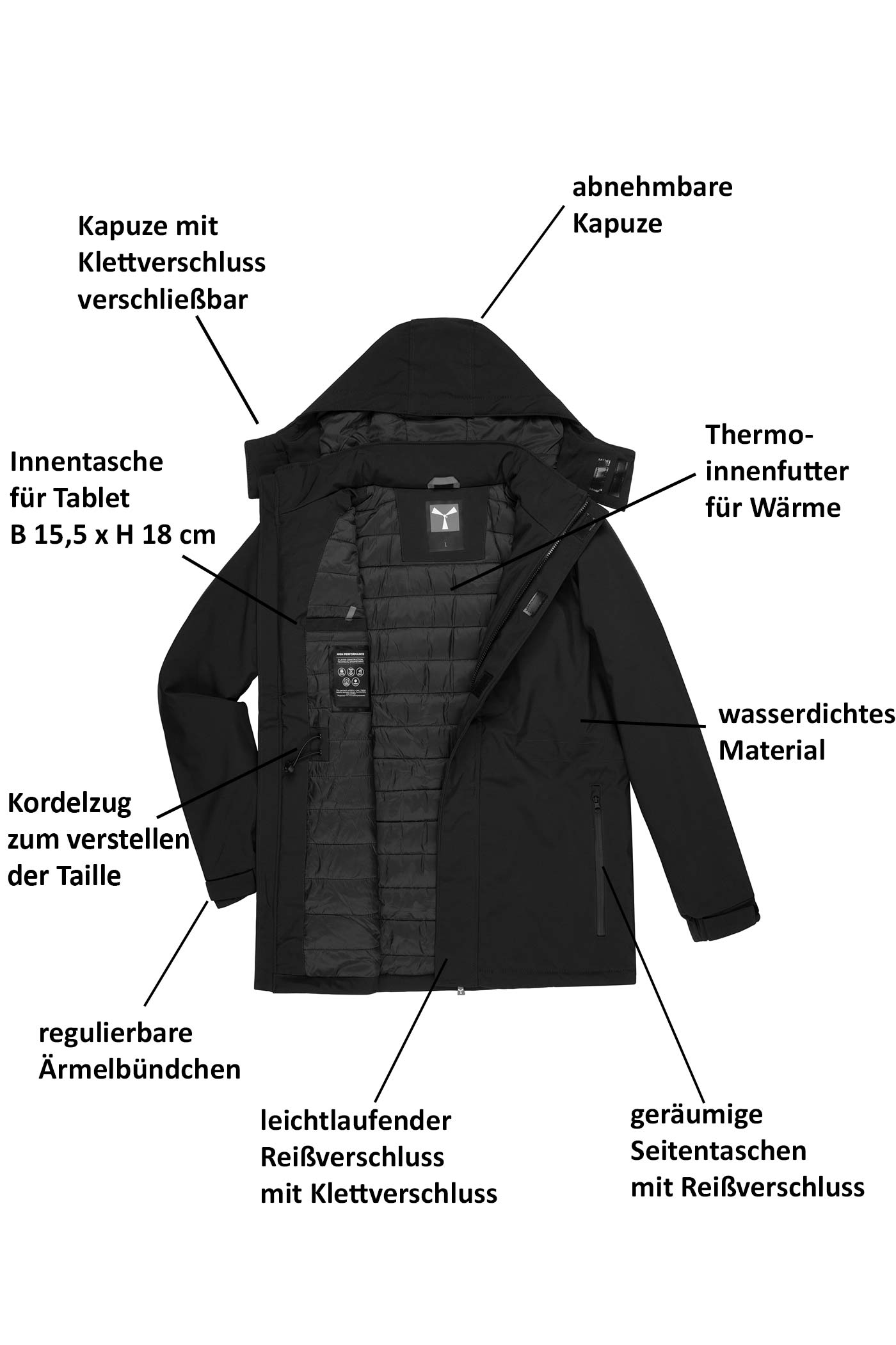 Herren Winterjacke gefüttert mit Seitentasche, Kapuze und Reißverschluss in Grau