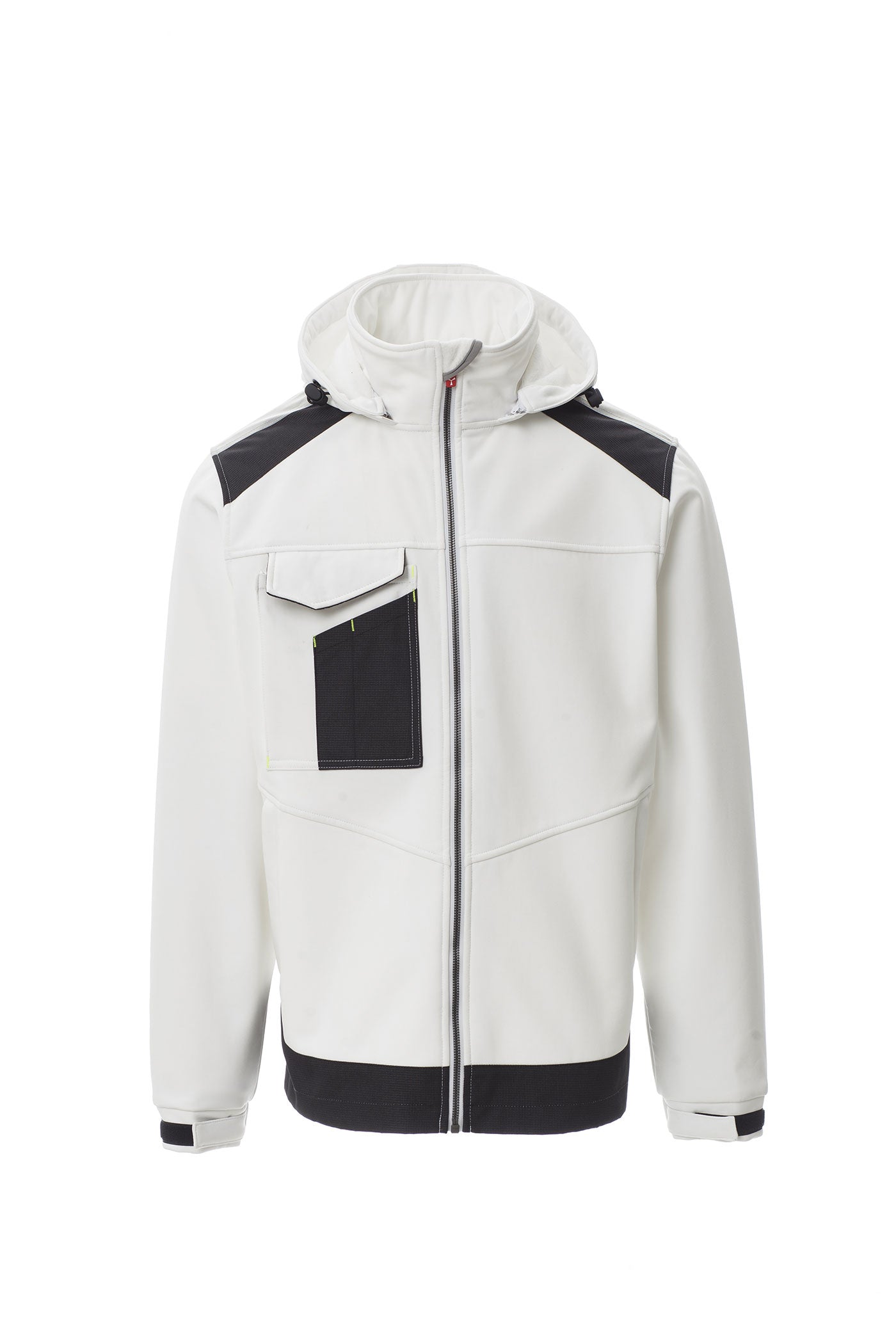 Herren Arbeitsjack Softshell mit vielen Taschen und Kapuze in Weiß