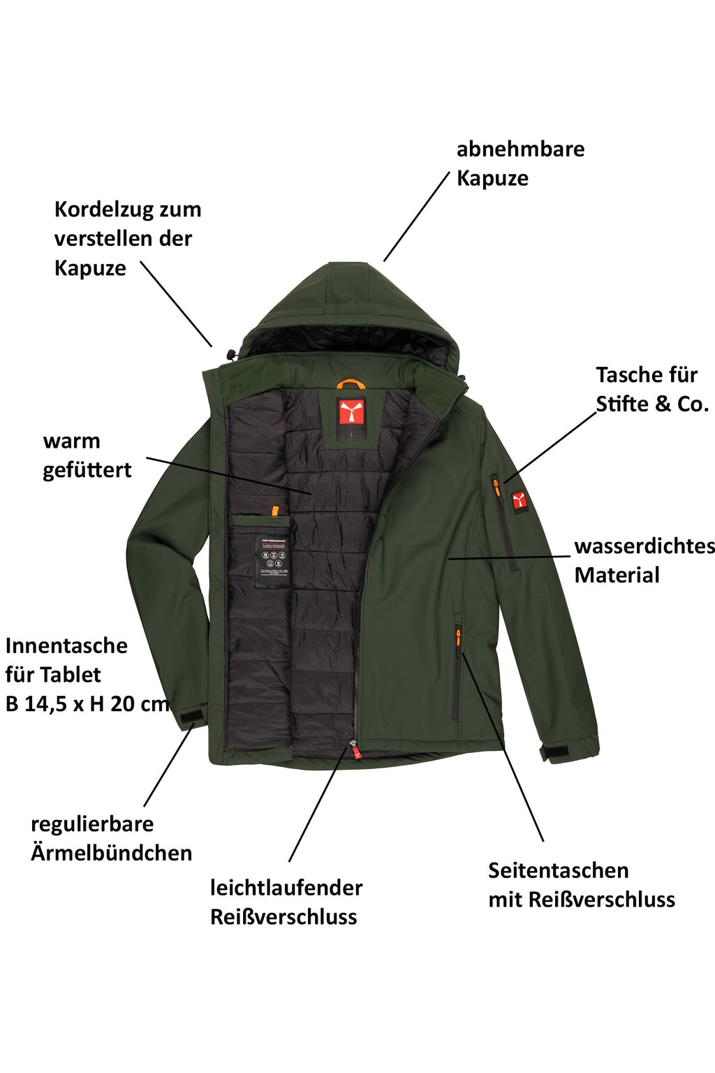 Winterjacke Herren Softshell mit vielen Taschen in Grün