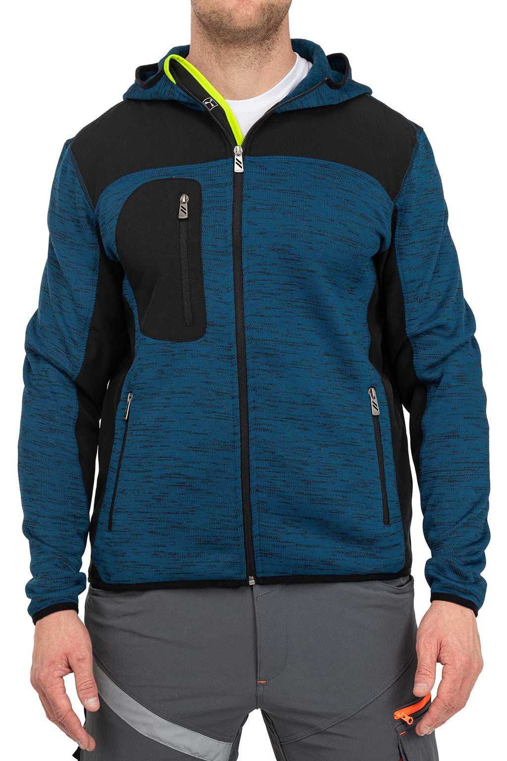 Herren Arbeitsjacke aus Strick mit Softshelleinsätzen in Blau