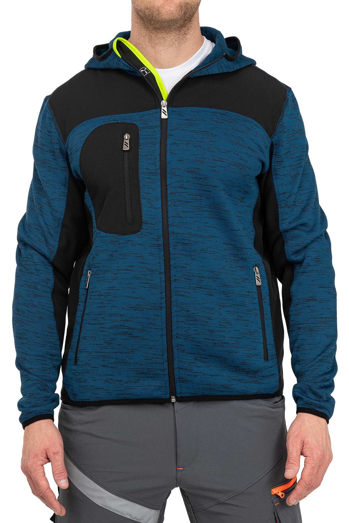 Herren Arbeitsjacke aus Strick mit Softshelleinsätzen in Blau