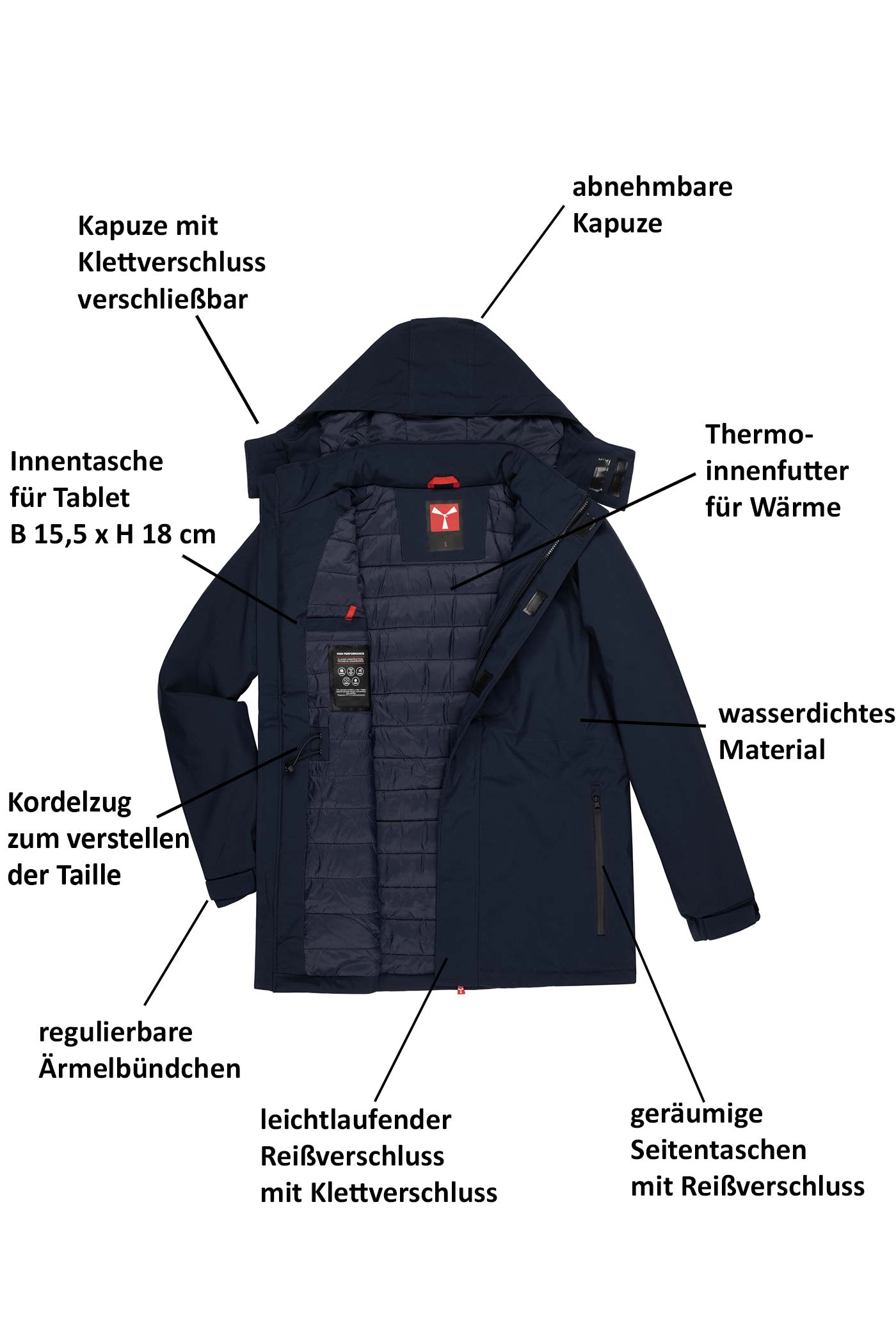 Herren Winterjacke gefüttert mit Seitentasche, Kapuze und Reißverschluss in Dunkelblau