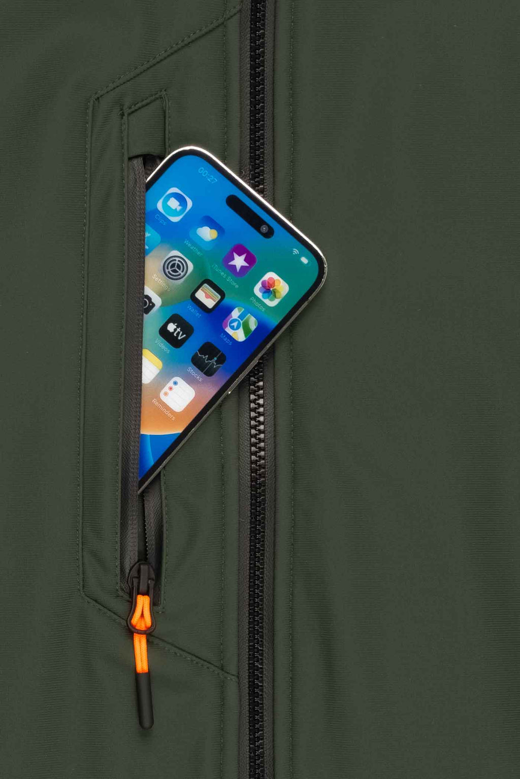 Herren Winterjacke Handytasche und Tablettasche mit Klettverschluss in Grün