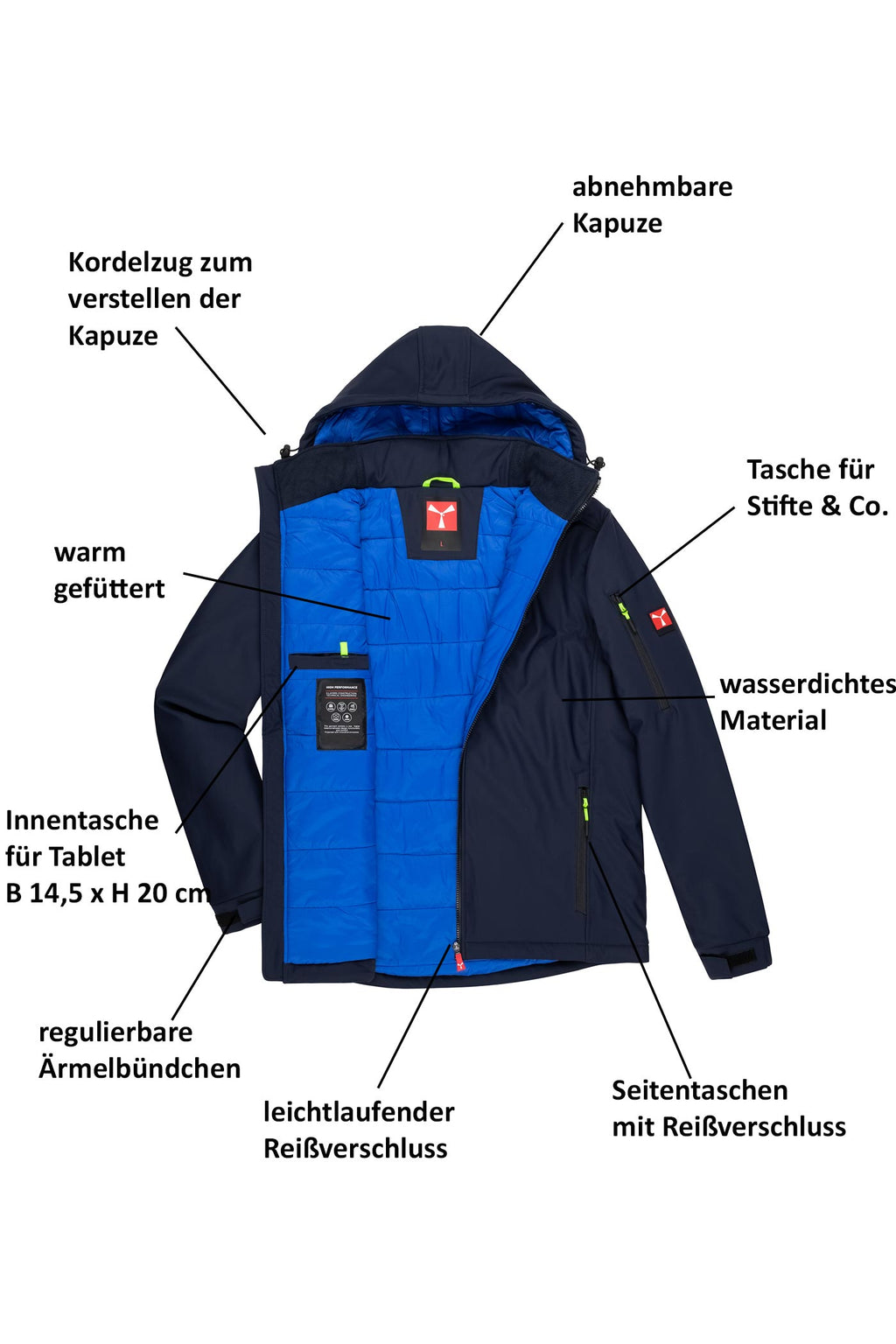 Winterjacke Herren Softshell mit vielen Taschen in Dunkelblau