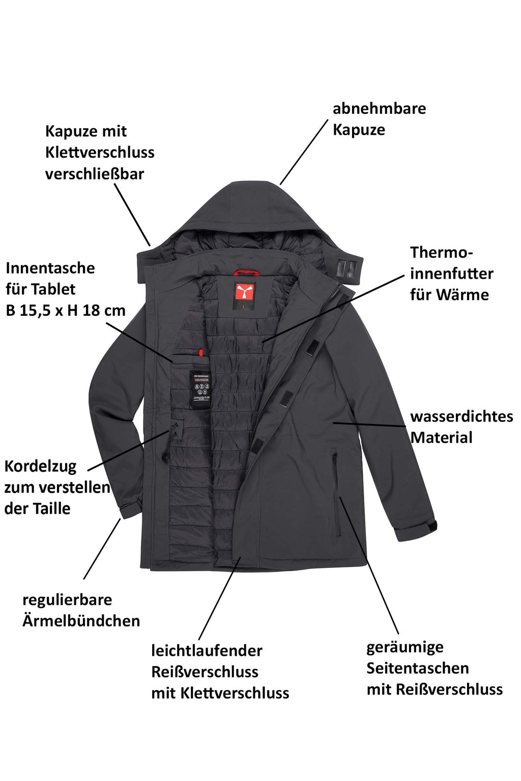 Herren Winterjacke gefüttert mit Seitentasche, Kapuze und Reißverschluss in Anthrazit