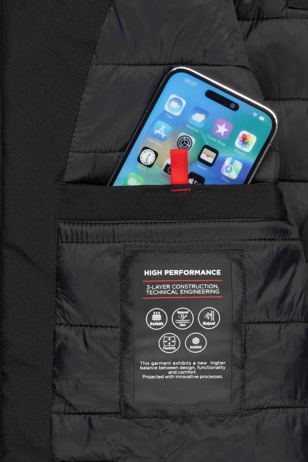 Herren Winterjacke Tablettasche innen mit Klettverschluss in Schwarz