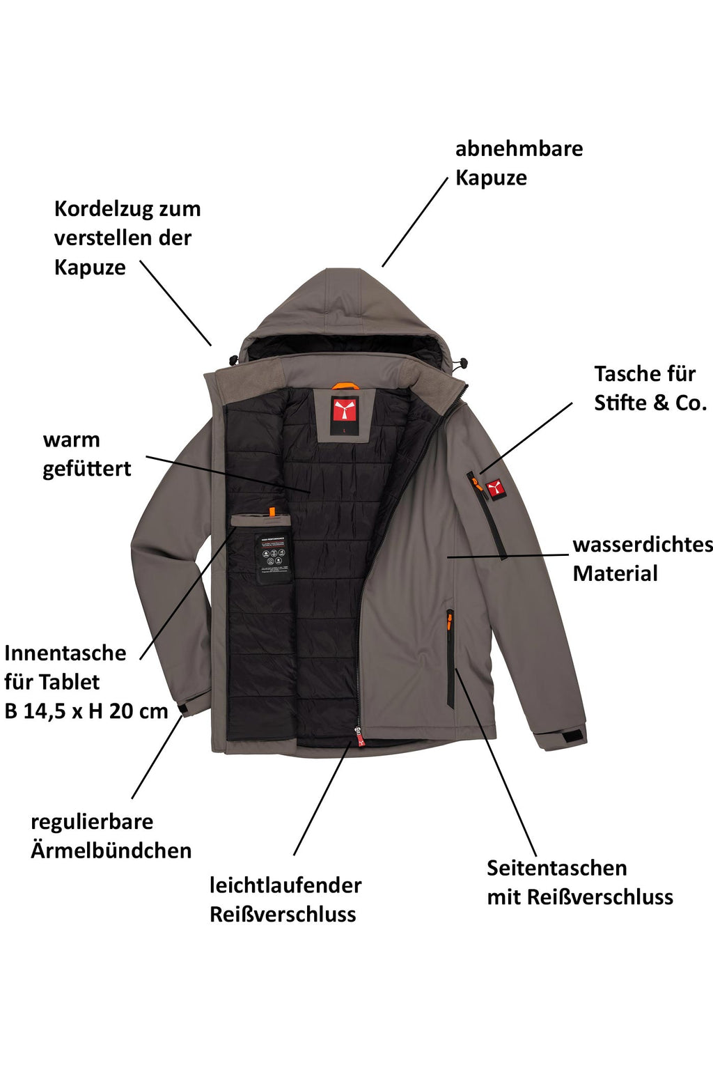 Winterjacke Herren Softshell mit vielen Taschen in Grau