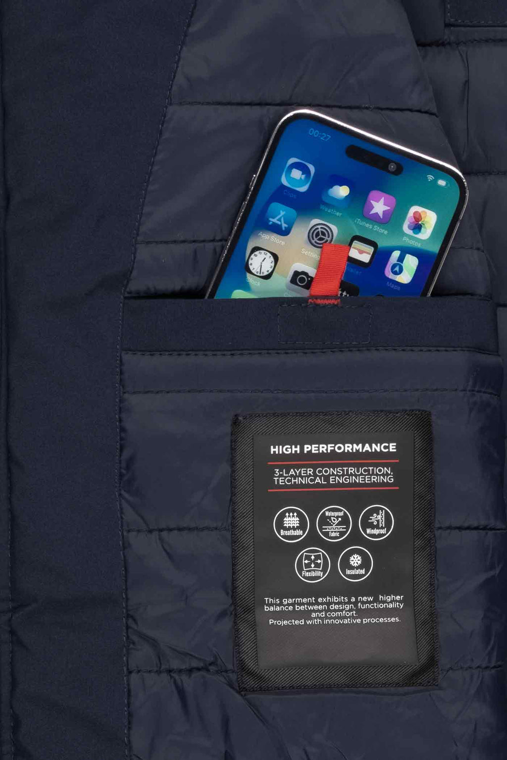 Herren Winterjacke Tablettasche innen mit Klettverschluss in Dunkelblau