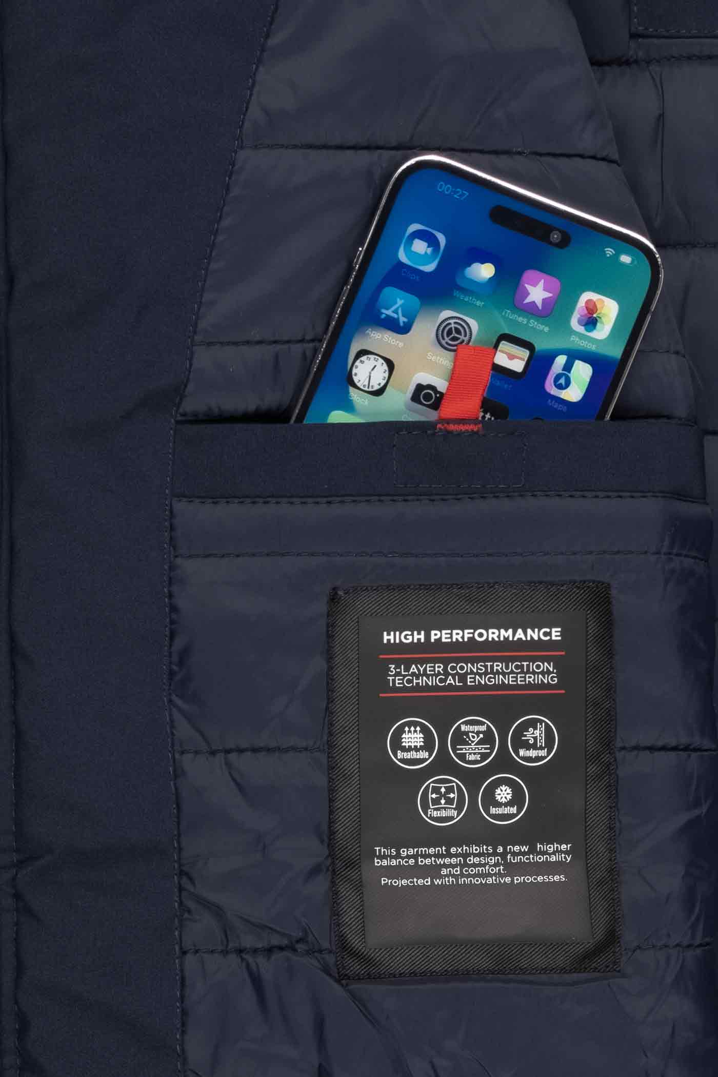 Herren Winterjacke Tablettasche innen mit Klettverschluss in Dunkelblau