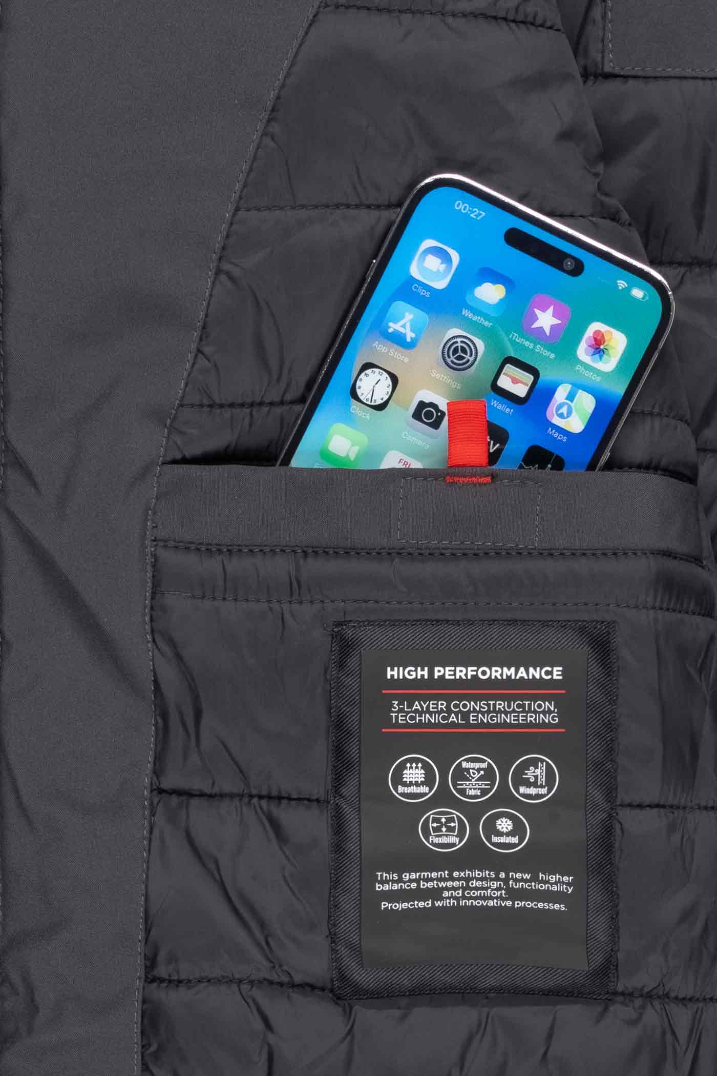 Herren Winterjacke Tablettasche innen mit Klettverschluss in Anthrazit