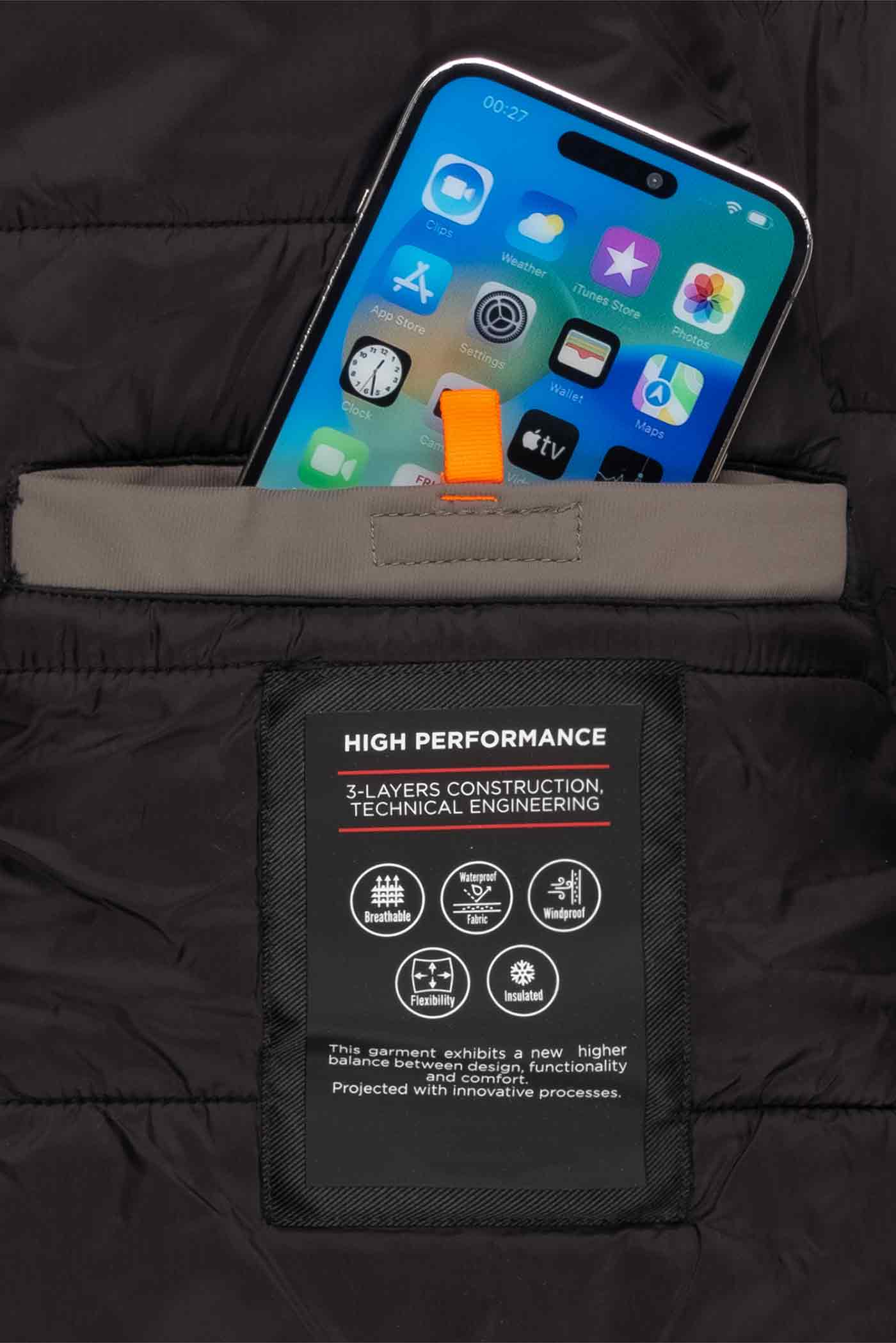 Herren Winterjacke Handytasche und Tablettasche mit Klettverschluss in Grau