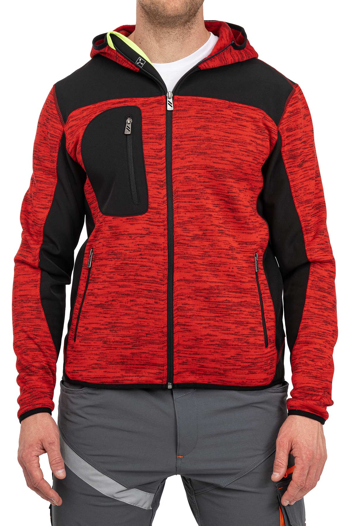 Herren Arbeitsjacke aus Strick mit Softshelleinsätzen in Rot