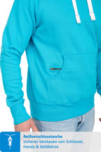 Herren Pullover mit Kapuze und Reißverschlussfach in Türkis