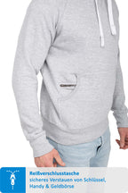 Herren Pullover mit Kapuze und Reißverschlussfach in Grau meliert