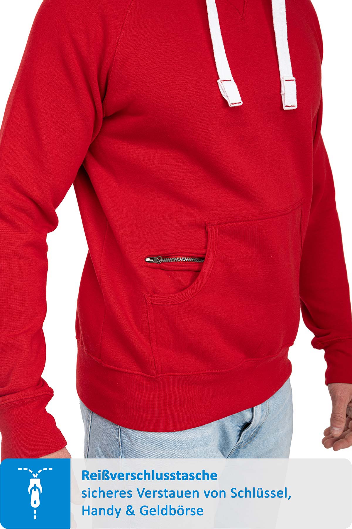 Herren Pullover mit Kapuze und Reißverschlussfach in Rot