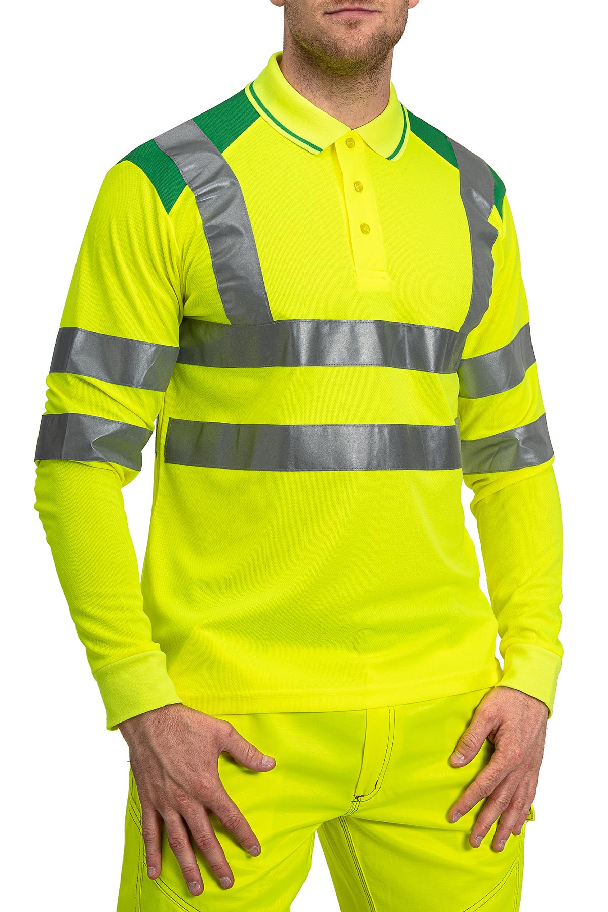 Zweifarbiges Langarm Poloshirt mit Reflexstreifen