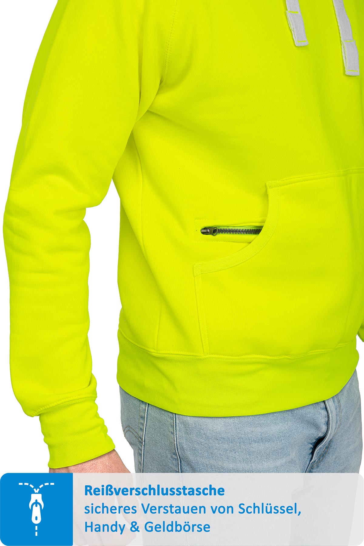 Herren Pullover mit Kapuze und Reißverschlussfach in Neongelb