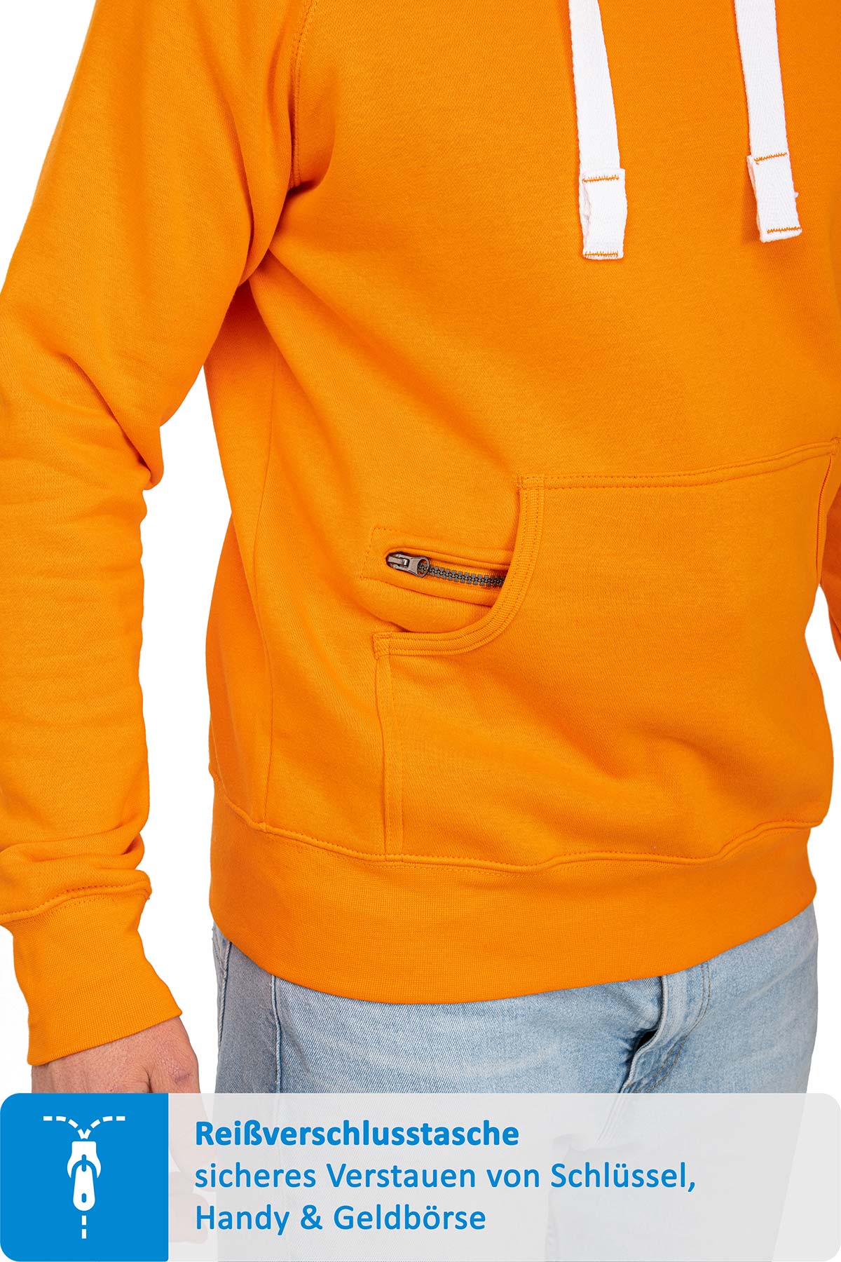 Herren Pullover mit Kapuze und Reißverschlussfach in Orange